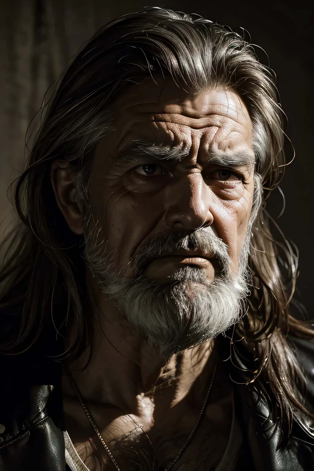 portrait of old dirty man with heavy hair and breed , dramatic light, sad face,