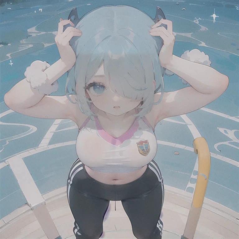 masterpiece, detailed, high quality, absurdres, elira, 1girl, solo, head wings, medium breasts, curvy, wide hips, 
BREAK hair over one eye, one eye covered, 
BREAK from above, pond, arch, japanese architecture, dawn, victory pose, 0.7::sports bra, pom-pom pants0.2::, face mask, :o,
BREAK standing, legs together, Ecchi sexy waifu ero anime 