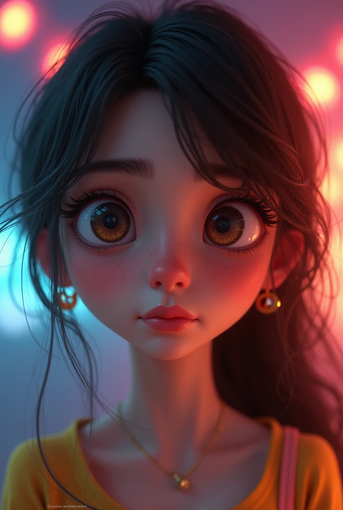 a girl with beautiful detailed eyes, beautiful detailed lips, extremely detailed eyes and face, long eyelashes, emotional expression, college student, Pixar style, 3D render, colorful, vibrant colors, dynamic lighting, cinematic, dreamlike, whimsical, imaginative, introspective, nostalgic, warm tones, depth of field
