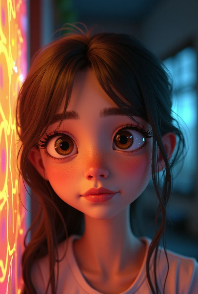 a girl with beautiful detailed eyes, beautiful detailed lips, extremely detailed eyes and face, long eyelashes, emotional expression, college student, Pixar style, 3D render, colorful, vibrant colors, dynamic lighting, cinematic, dreamlike, whimsical, imaginative, introspective, nostalgic, warm tones, depth of field