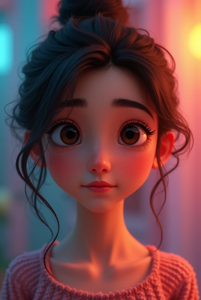 a girl with beautiful detailed eyes, beautiful detailed lips, extremely detailed eyes and face, long eyelashes, emotional expression, college student, Pixar style, 3D render, colorful, vibrant colors, dynamic lighting, cinematic, dreamlike, whimsical, imaginative, introspective, nostalgic, warm tones, depth of field