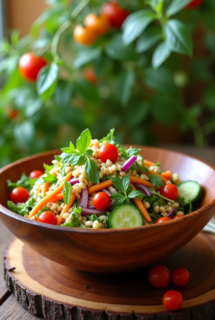 fancy wooden bowl with colorful and crunchy salad with various carrots, cucumbers, arugula, red onion, on a wooden table with cherry tomato plant in the background
