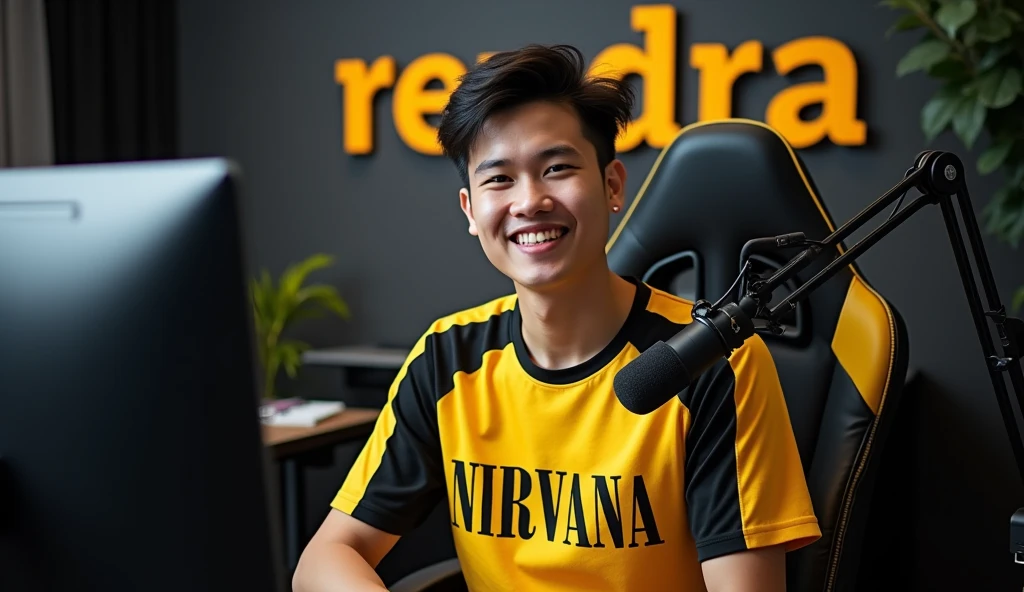 real photo a young ma Indonesian man sitting on a black gaming chair with yellow accents. He was wearing a yellow and black Nirvana t-shirt. In front of him was a table with a mic stand and the mic settings were adjusted in front of his face. Behind it is a black and gray wall with the text "RENDRA SETIO" written in a bold and attractive font. The man smiled. professional studio atmosphere.