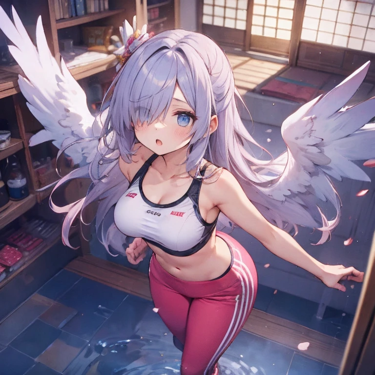 masterpiece, detailed, high quality, absurdres, elira, 1girl, solo, head wings, medium breasts, curvy, wide hips, 
BREAK hair over one eye, one eye covered, 
BREAK from above, pond, arch, japanese architecture, dawn, victory pose, 0.7::sports bra, pom-pom pants0.2::, face mask, :o,
BREAK standing, legs together, Ecchi sexy waifu ero anime 