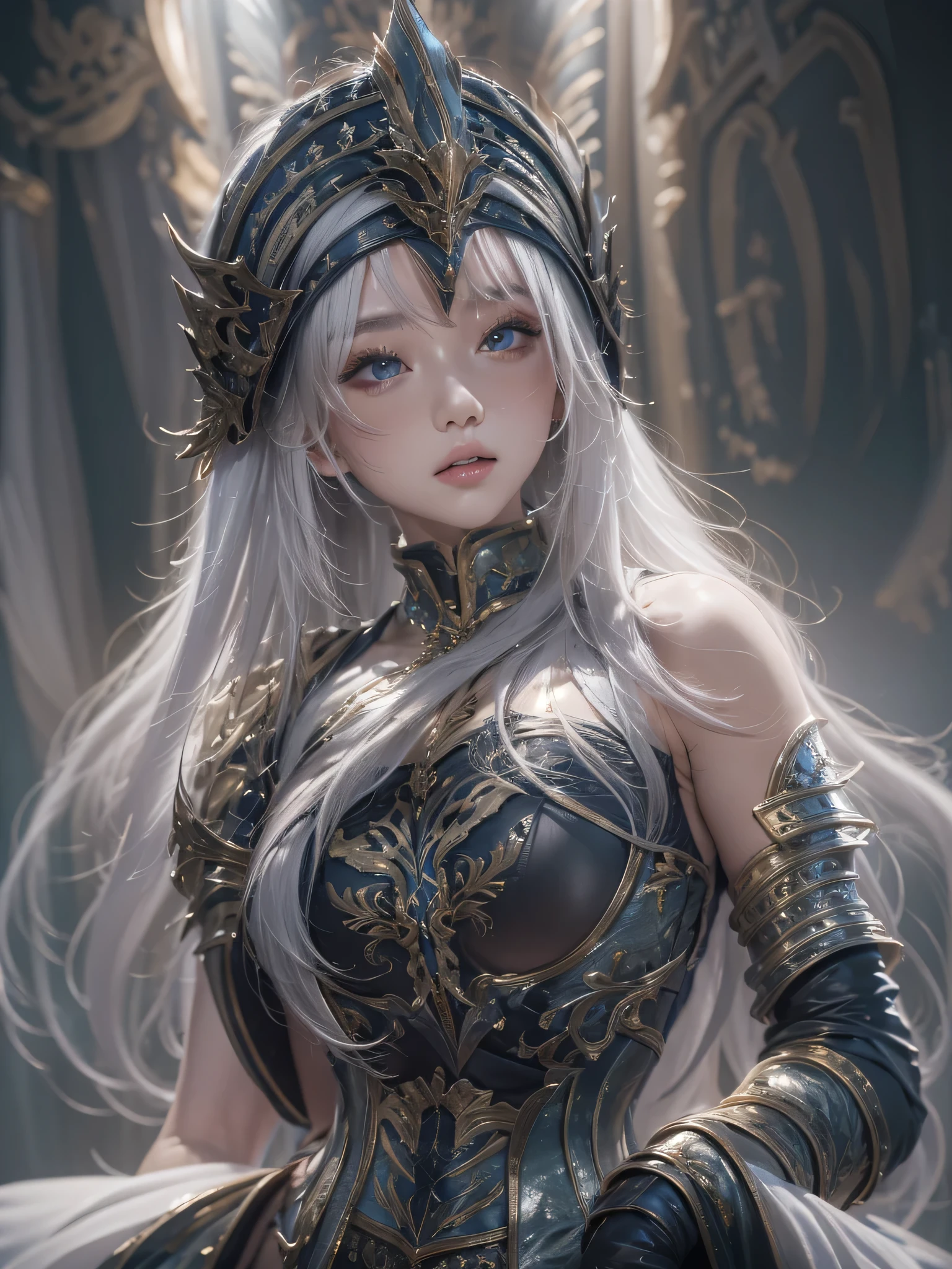 masterpiece, Raw photo，photorealism，High resolution，highest quality，High resolution, perfect composition, perfect face, perfect body, 16k，cinematic lighting，
Fantasy warrior queen, silver hair，hip，latex，black，attractive，Castle Background、costume showing collarbone、close up of face、