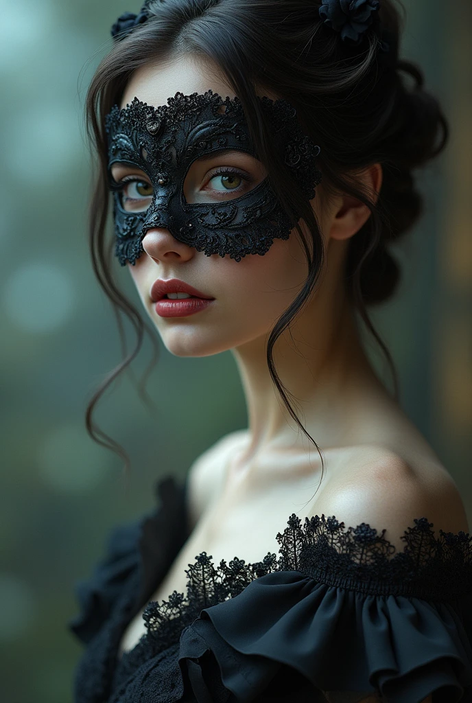 a close up of a woman wearing a mask, dreamy gothic girl, elegant render, half body photo, mistress, photoshop render, ebony rococo, elegant girl, female spy, haunting beautiful young woman, detailed face, extravagant dress, beauty girl, very femenine, naked, Big boobs 