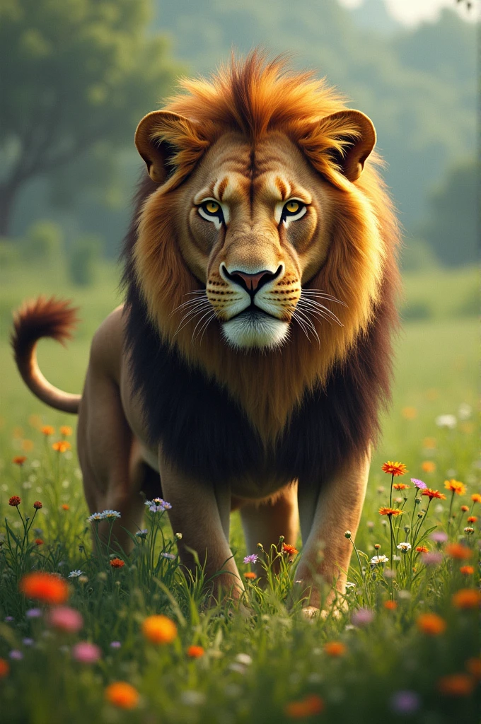Lion waiting for meal in lush green grass