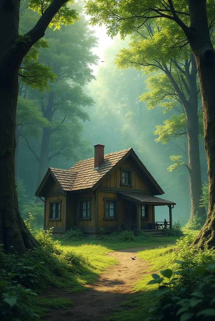 House in the middle of a realistic forest of trees