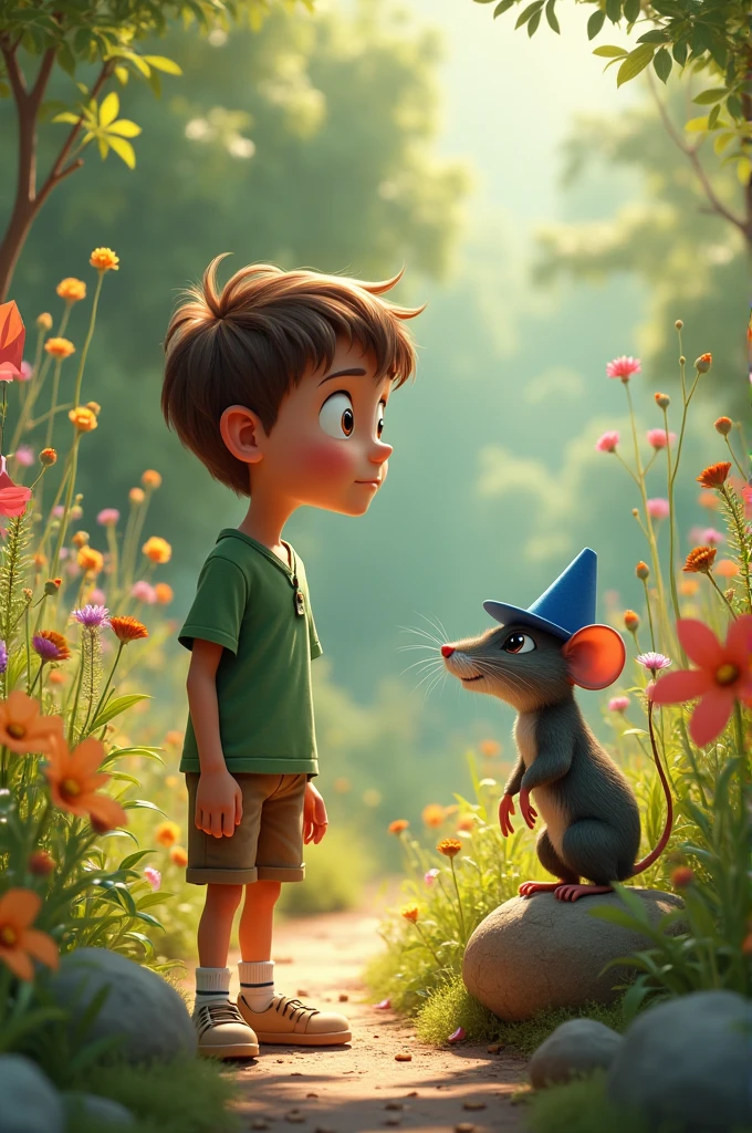 {
"size": "1024x1792",
"prompt": "A curious young boy named Léo, around , with brown hair, a green shirt, and brown shorts, is standing in a vibrant garden filled with colorful flowers and tall grass. In front of him, on a small rock, is a small, friendly rat wearing an elegant blue hat. The scene is bright and sunny, with the garden full of life, and Léo's face shows surprise and curiosity as he spots the unusual rat."
}