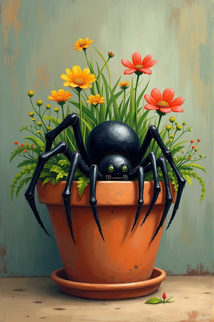 Create a flower pot with a black spider in it for my gouache painting 