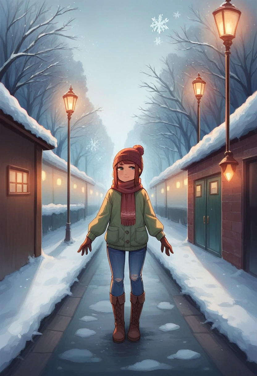 Create an image of a stylish winter outfit featuring a cozy oversized knit sweater, paired with high-waisted jeans, and a thick, long woolen scarf wrapped around the neck. The model is also wearing knee-high boots, a beanie with a pom-pom, and gloves. The color palette should include warm tones like deep burgundy, forest green, and beige. Snowflakes are falling gently in the background, creating a crisp winter atmosphere. The setting is a snowy urban street, with softly glowing streetlights and snow-covered trees. The overall mood is cozy, fashionable, and wintery.