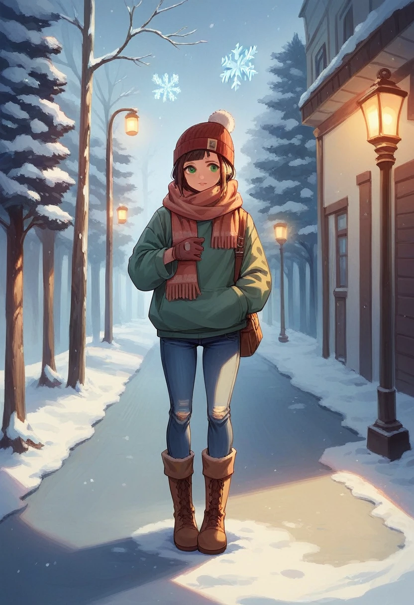 Create an image of a stylish winter outfit featuring a cozy oversized knit sweater, paired with high-waisted jeans, and a thick, long woolen scarf wrapped around the neck. The model is also wearing knee-high boots, a beanie with a pom-pom, and gloves. The color palette should include warm tones like deep burgundy, forest green, and beige. Snowflakes are falling gently in the background, creating a crisp winter atmosphere. The setting is a snowy urban street, with softly glowing streetlights and snow-covered trees. The overall mood is cozy, fashionable, and wintery.