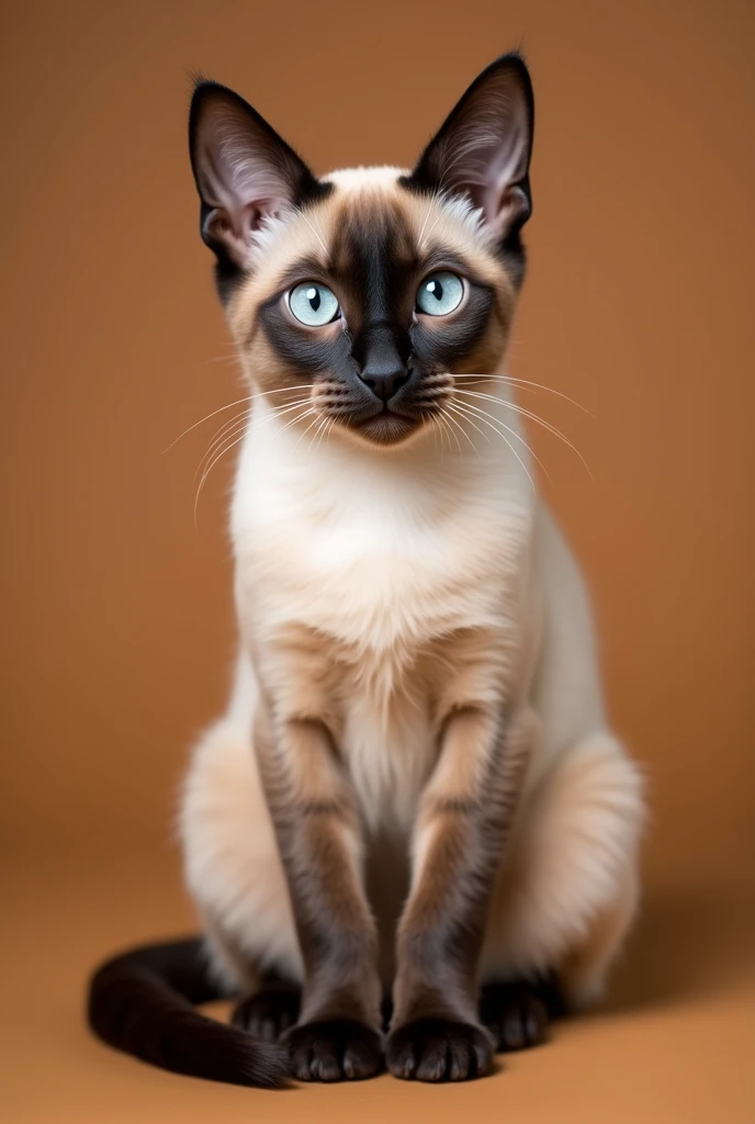 a siamese cat, sitting facing front, isolated on a brown background