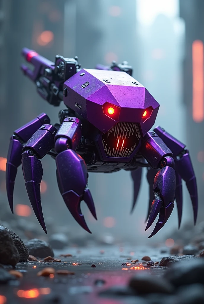 a highly detailed double shape hexagonal thin prism robot with crab-like legs, red eyes, sharp teeth, a purple crab-shaped body, floating and flying. high tech weapon.
