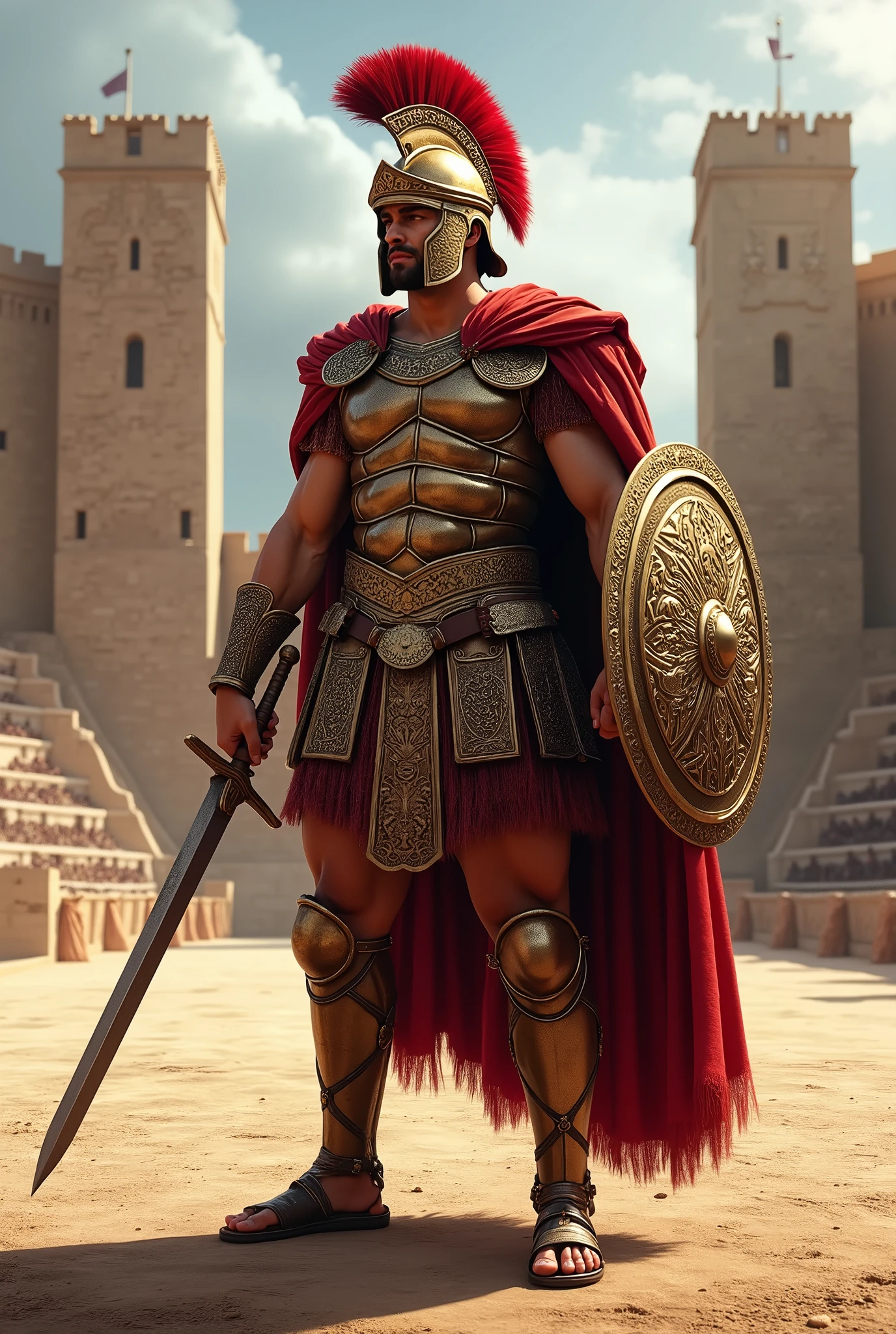 Soldier with Roman style armor, using a shield protecting his chest and a sword in the other hand, with helmet, shouting his victory, showing his entire body, including the sandals on his feet, in an empty arena, painting style, but very detailed and realistic 4k