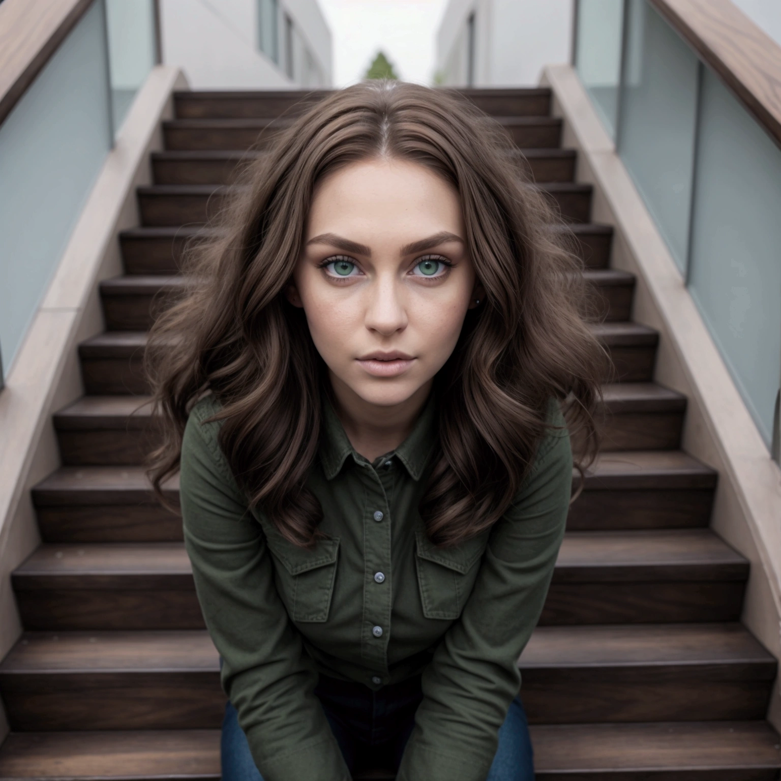  woman,slim,beautiful,large eyes,green eyes, Whole body, wide face, Wide nose, thick lips,hair, chestnut,seeds,, hair largo, staring straight into the camera,head on ,full figure, Whole body, super detailed hands,with ripped jeans,top color ?????,military boots, full figure, Whole body,standing,on the steps of a staircase.
