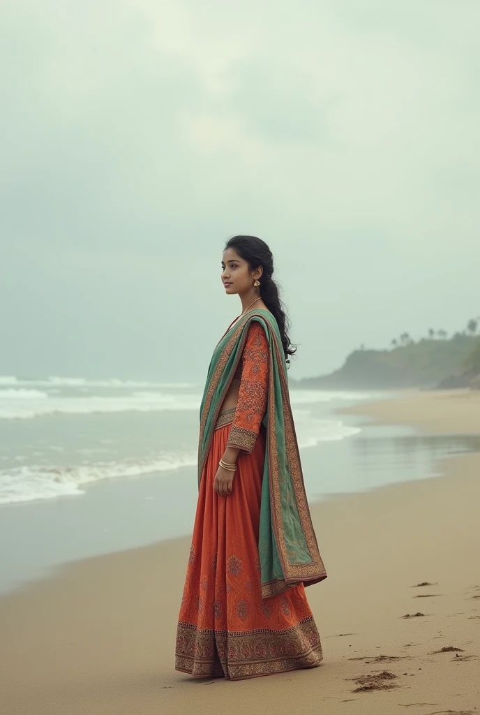 A girl in a beach with salwar kameej, no one aroun her,cloudy sky