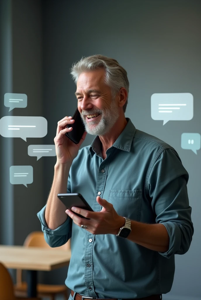 A man talking to his while the phone translating it into a messages 