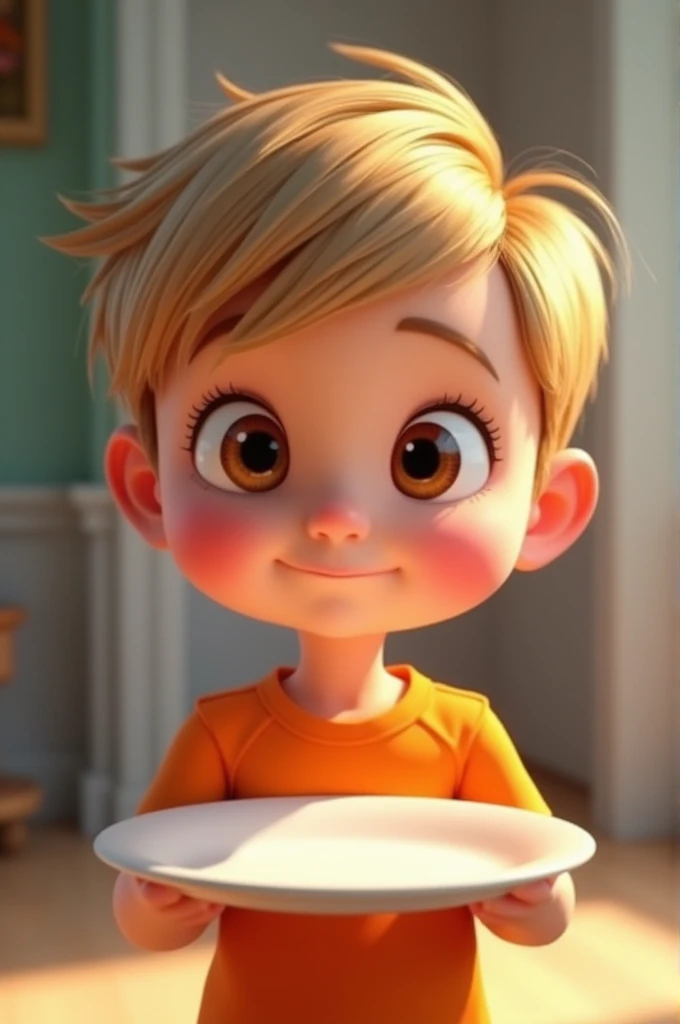   holding a white plate.dark blonde hair. Social haircut combed to the side. honey-colored eyes ,Wearing an orange t-shirt. Pixar-style 
