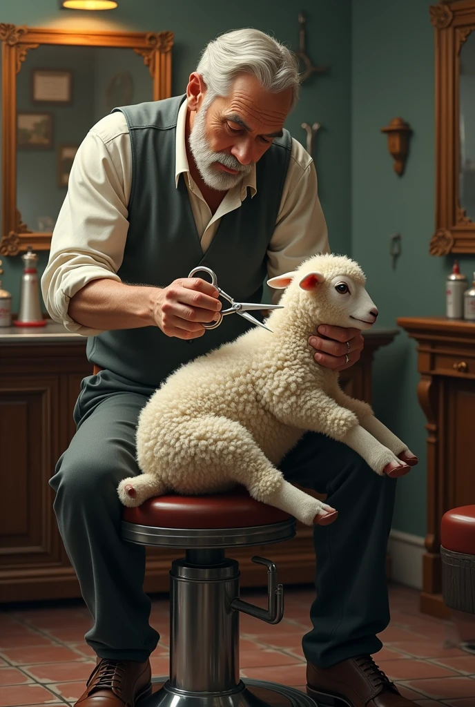 A barber shop owner shaves a real baby lamb with scissors, high definition details, full picture like real life