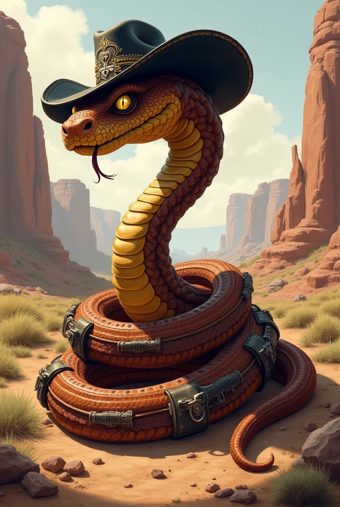 A brown rattlesnake wearing a black hat, wrapped in ammunition holsters. He's a little coiled and ready to strike. Use Jake Rattlesnake from the animated film Rango as a reference. I'd like the art in a fantasy RPG style, set in the old west.