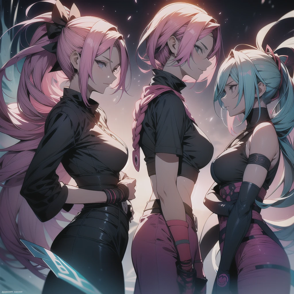 I want you to create an image divided into 3 parts, each one representing one of the people, on the left is Jinx from Acrane, the middle one for Lumine from Genshin Impact and the right one for Sakura Haruno from Naruto