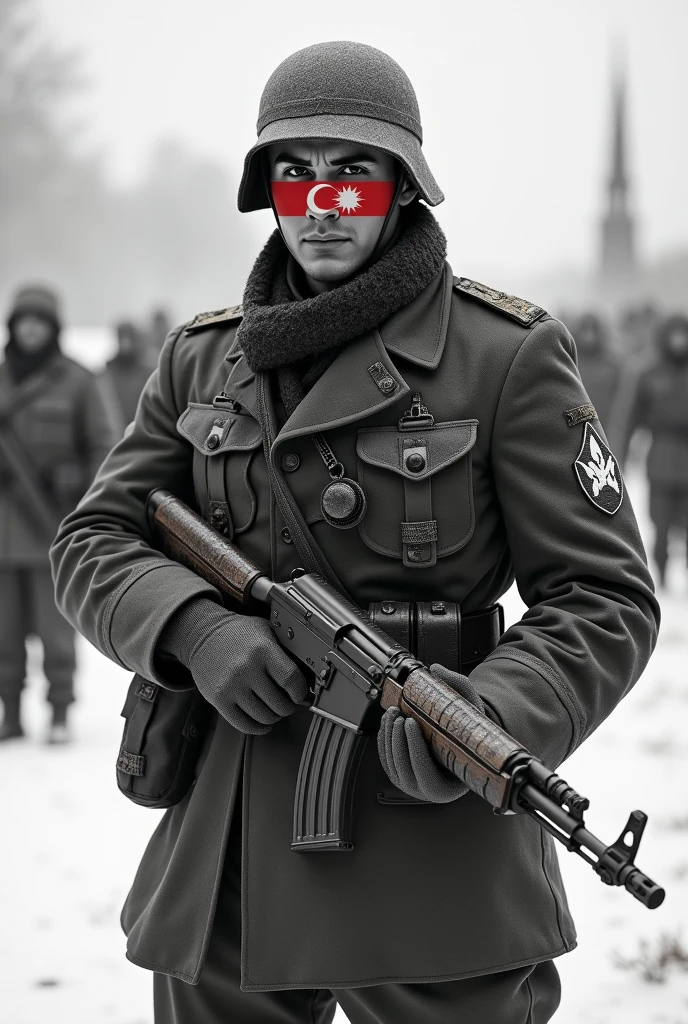 A Countryhuman style face with the flag of the Azerbaijan Legion, founded in Germany during the Second World War and the body fights against the Soviets Countryhuman on a snowy front
Year: 1943
Photo type: black and white