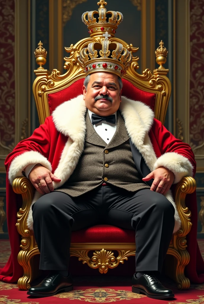 Luis Hermosilla Chilean lawyer dressed as a fat king sitting on the king's throne, no donald trump photography iphone 15