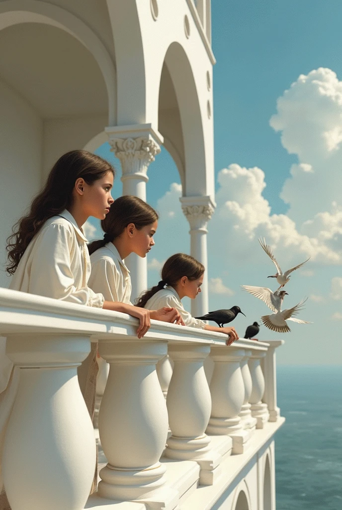kids at balcony; pillars with vaulte arch; front view; with dress; caravaggio painting; white architecture; kids trying to catch the birds at the top of guard; hight quality face; back of the kids; super realism; white dress; almost falling from the balcony; dark