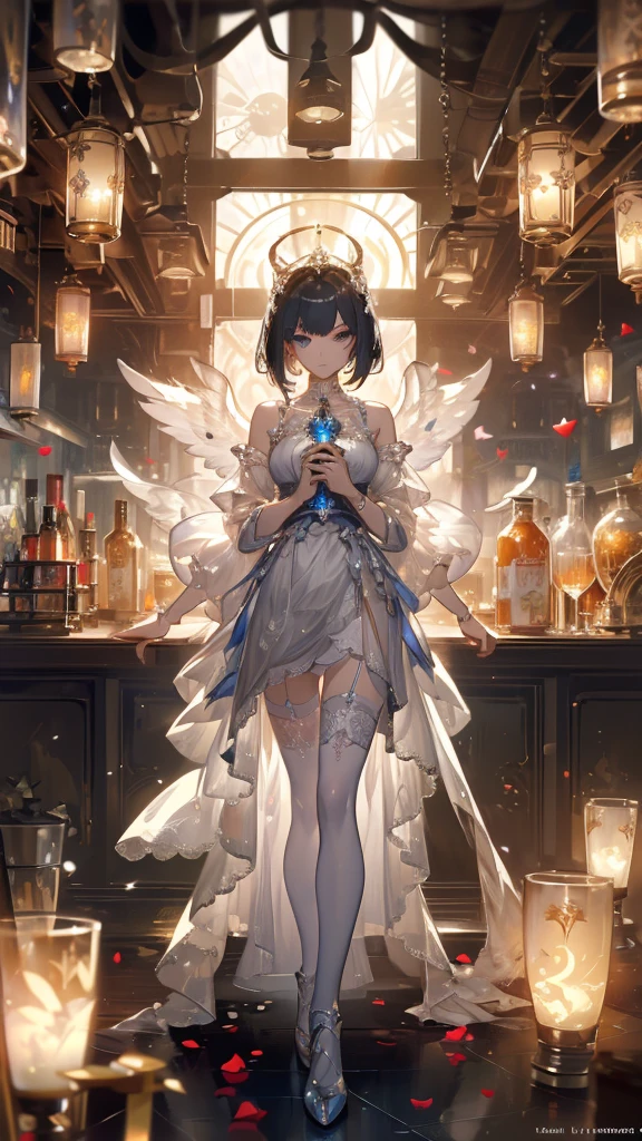 ((masterpiece, best quality)), Epic battlefield atmosphere,Angel,Royal sister,Halo,A display of fireworks and a sea of lanterns,Silver Bell Ice Heart,Magician,Petals falling,A meticulous face,Standing image,Perfect body proportions,Long legs,Stylish short hair,beautiful eyes,Fantasy style,White background,transparent,Sexy,Lace,Garter stockings