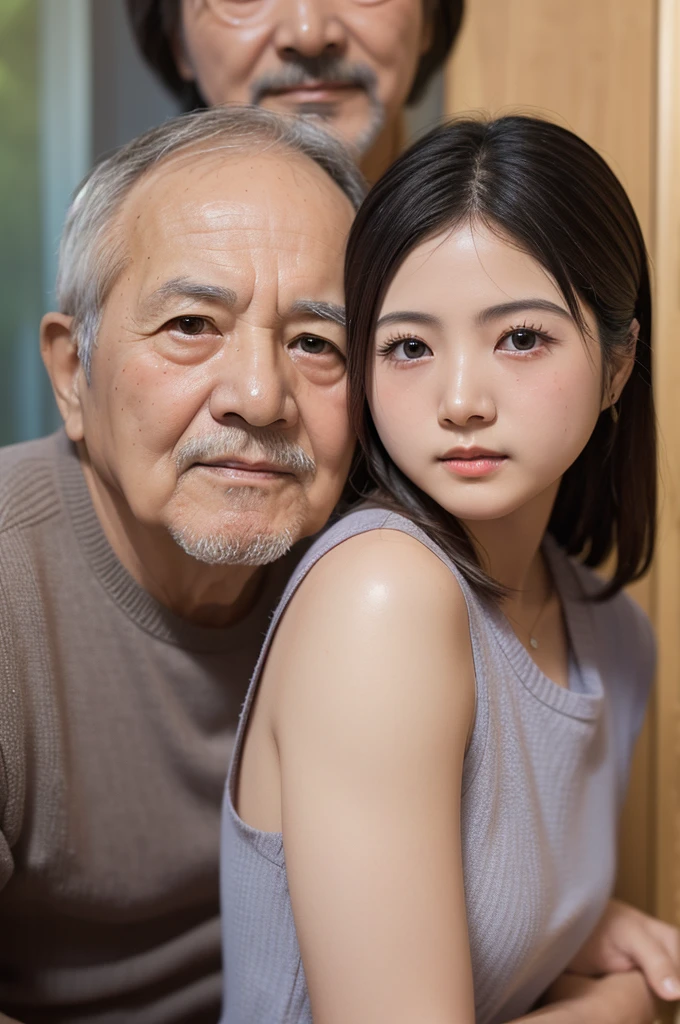 High resolution、High level image quality、high detail、masterpiece、realistic skin,、rough skitomically correct)、(two men and women standing together)、((2 Japanese cute 、1 Japanese male grandfather)）、((whole body_from head to foot))、