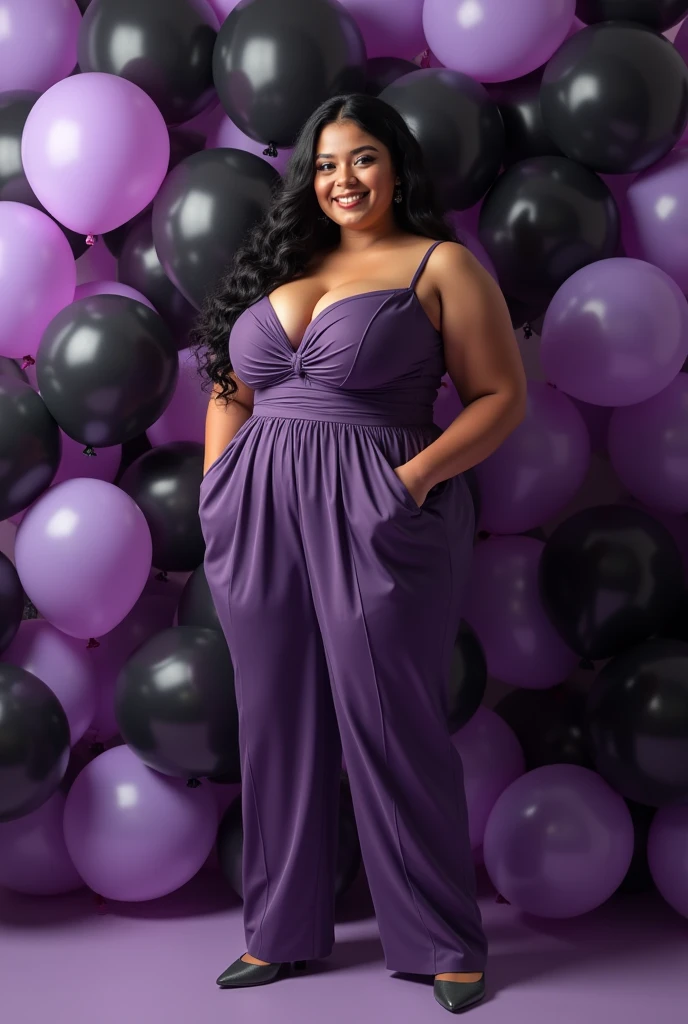 woman, long wavy black hair, smiling, big bust, wide pants, chubby, elegant purple dress, gray heels, surrounded by black and purple balloons, birthday celebration, looking at the camera, photorealistic
