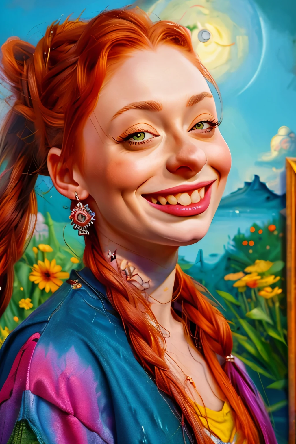 A (((caricature of Sophie Turner))) has a hippie girl floating in the sky, exaggerated facial features with large eyes and a wide, blissful smile, long flowing hair with flowers and beads, wearing vibrant tie-dye clothing, surrounded by colorful birds, surreal and dreamy atmosphere, clouds and stars in the background, psychedelic patterns swirling around, cartoon style, bright and vivid colors, peaceful and euphoric expression, dynamic and whimsical pose, highly detailed, (masterpiece: 2), best quality, ultra highres, original, extremely detailed, perfect lighting
