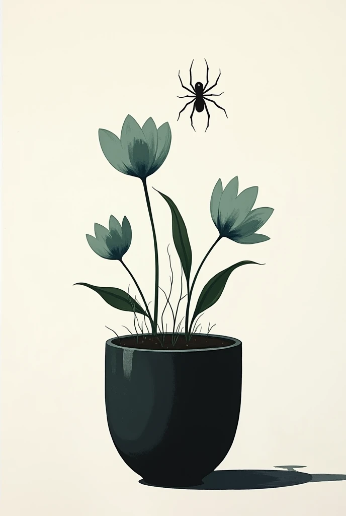 Create a flower pot with a black spider in it for my minimalist gouache painting