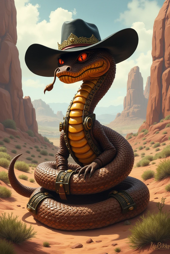 A brown rattlesnake wearing a black hat, wrapped in ammunition holsters. He's a little coiled and ready to strike. Use Jake Rattlesnake from the animated film Rango as a reference. I'd like the art in a fantasy RPG style, set in the old west.
