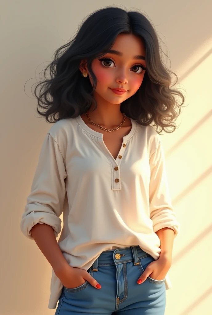 A beautiful Indian white chubby girl in jeans and white kurti with average black hair