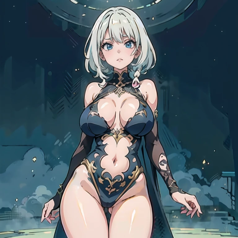 Anime Kawaii sexy Perfect Slim sensual body Perfect breast and beautiful thighs, An intricate and highly detailed illustration of anime Young 1girl, multicolored hair, (black hair:1.1 AND white hair:1.1), mullet, wolf, black gothic dress, detailed eyes, heterochromia, realistic, (best quality,4k,8k,highres,masterpiece:1.2),ultra-detailed,(anime Ecchi, sexy waifu ero anime:1.37),dark,moody,dramatic lighting,cinematic