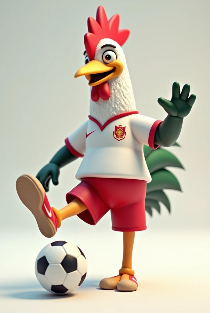 realistic image of a 3D chicken mascot wearing a white and red Indonesian football costume, soccer shoes ('nike') with a body standing on two legs, one leg kicks and while catching the ball, make it as funny and simple as possible, make him smile, and has white and dark green colors