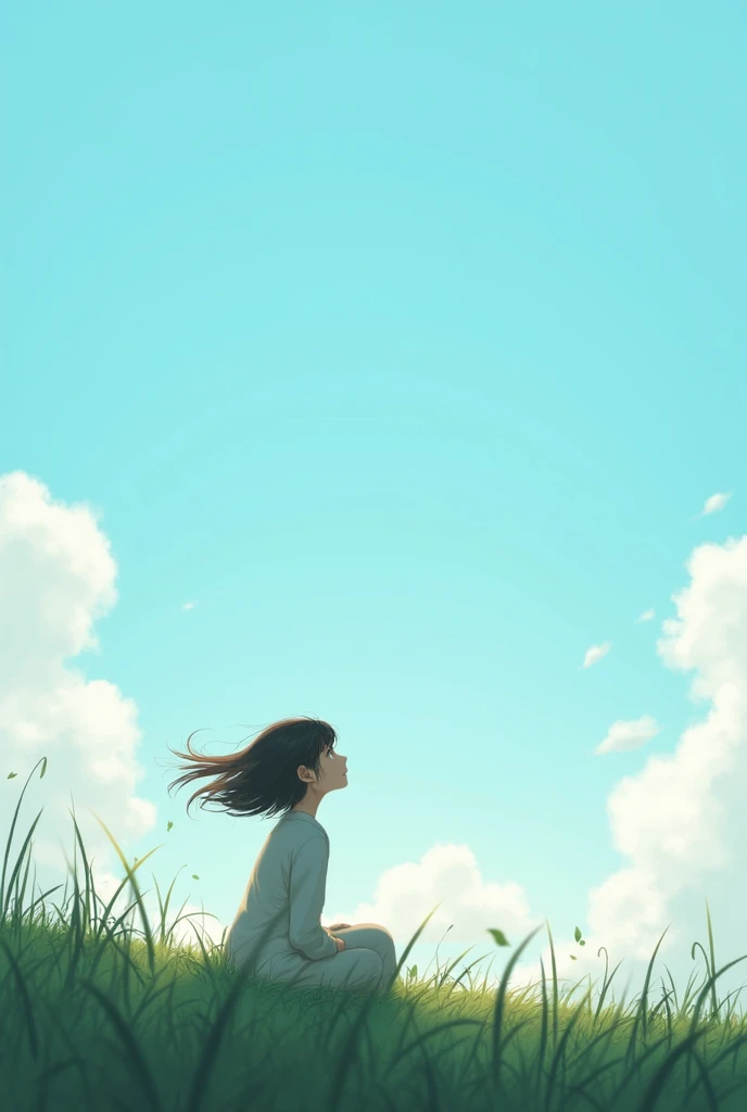 A girl is sitting under the open sky, her hair is flowing and she is looking at the sky