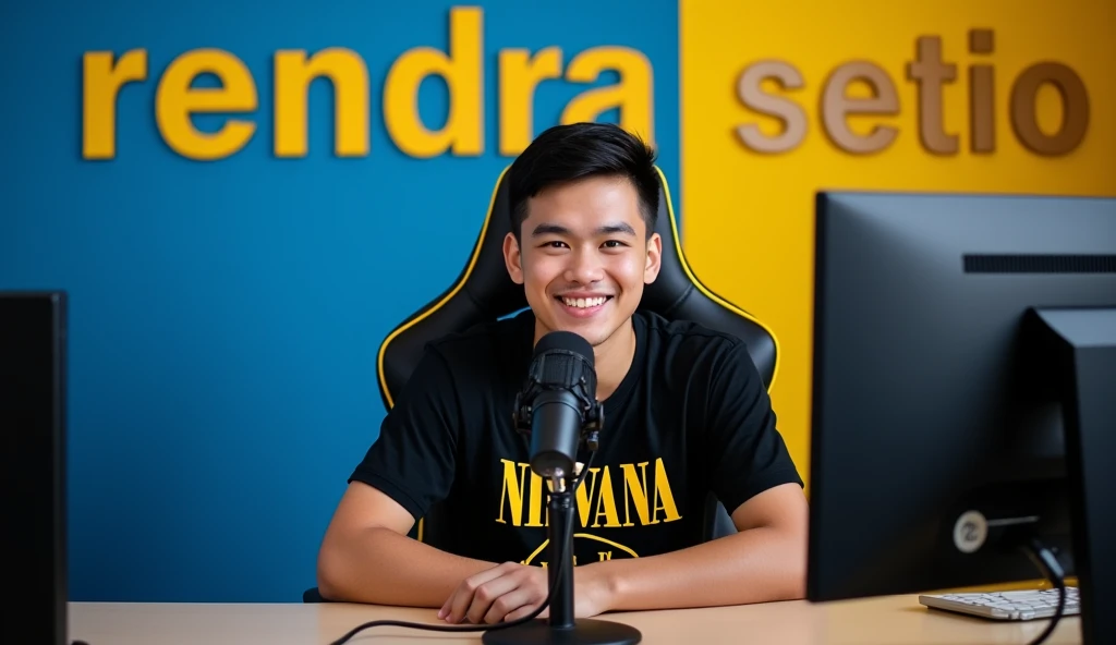 real photo a young ma  Indonesian man sitting on a black gaming chair with yellow accents.  and black Nirvana t-shirt. In front of him was a table with a mic stand and the mic settings were adjusted in front of his face. Behind it is a blue and yellow wall with the text "RENDRA SETIO" written in a bold and attractive font. The man smiled. professional studio atmosphere.