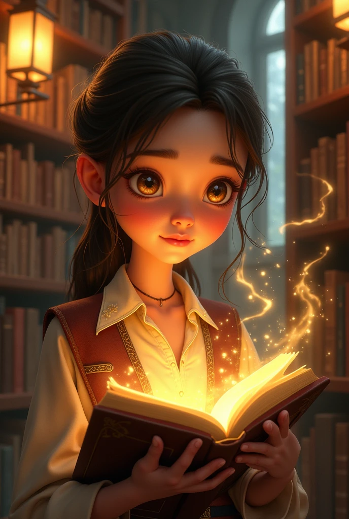 A young librarian discovers an ancient book that grants them magical powers. The character has long, straight, messy, browns hair, bright yellow eyes, snow-white skin, a perfect and delicate face, she is very beautiful and is 2, make the image in the Pixar style Disney, in 9:16 format.