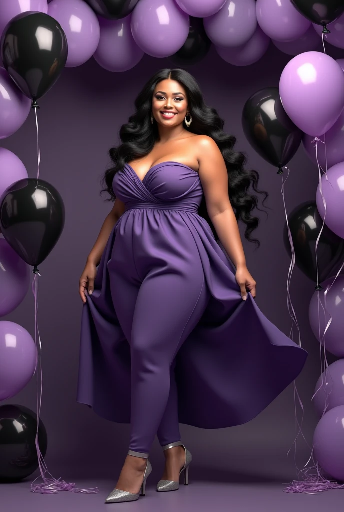 woman, long wavy black hair, smiling, big bust, wide pants, chubby, elegant purple dress, gray heels, surrounded by black and purple balloons, birthday celebration, looking at the camera, photorealistic