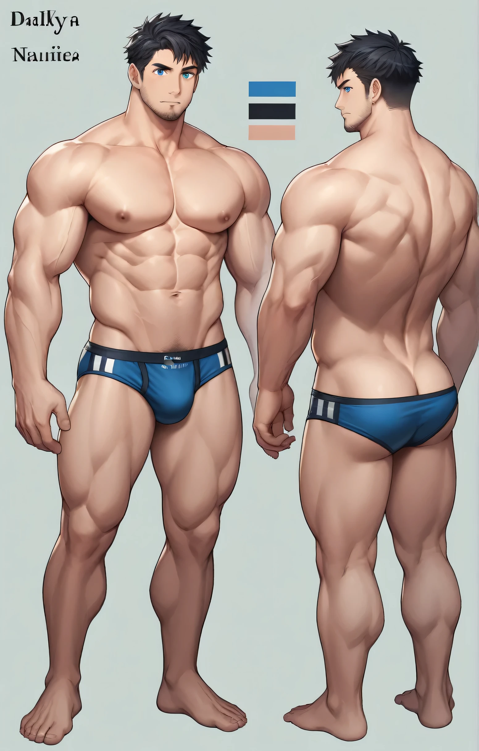 1boy, single, reference sheet, character design, front angle, side angle, left side angle, right side angle, dynamic poses, (masterpiece:1.2), (best quality:1.3), (reference sheet:1.5), adult anime male, huge man, tall man, masculine body, muscle body, muscle tall male, athletic body, muscle builder, muscle, bulky body, giant, Bara, 6ft. male, (Blue eyes), (short hair), (short bangs), (black hair), (pale skin), (pale skin color), beard, naked, naked men, nude, nsfw, handsome, wide chest, string underwear, speedo, tights, huge hips, wide hips, daddy, 