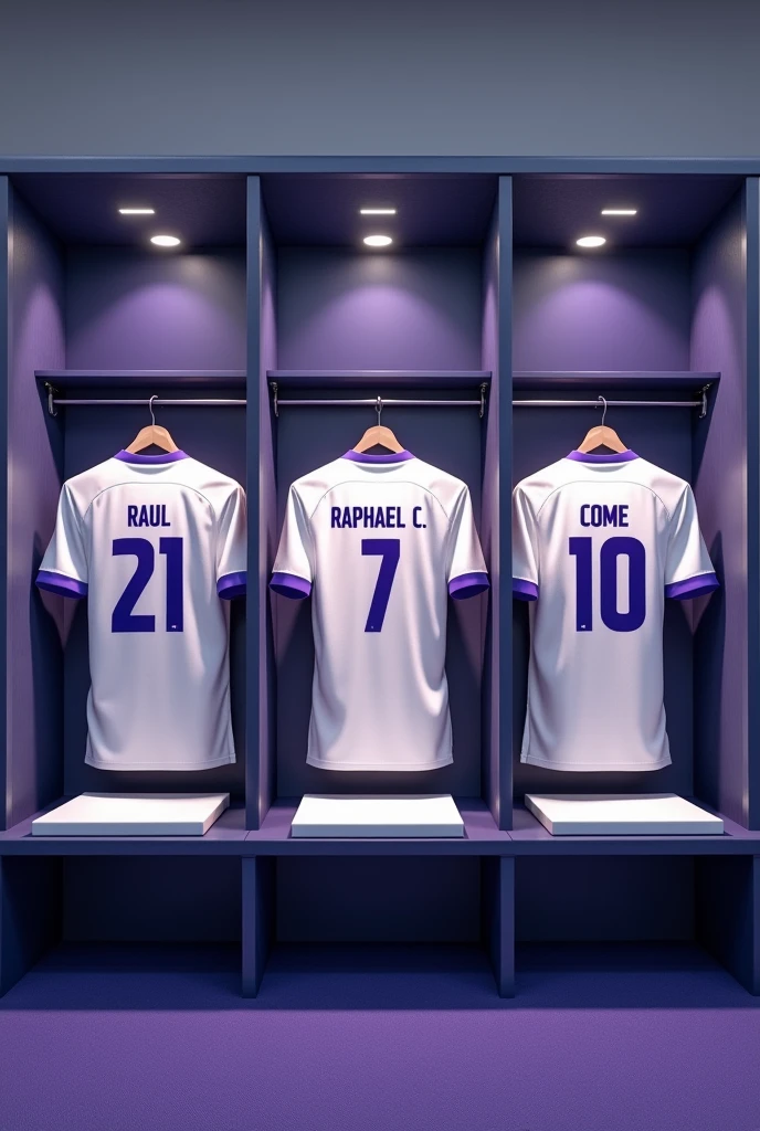 create an image of a football locker room with football player booths in these booths will be the shirt of each specified player, the players are ( Raul, with shirt number 21) ( raphael. c, with shirt number 7) ( Igor, with shirt number 71) (come, with shirt number 10) there will be a white shirt with purple details (minimalists) on the collar and at the tip of the sleeve the shirt must show the back with the name and number of each player 
