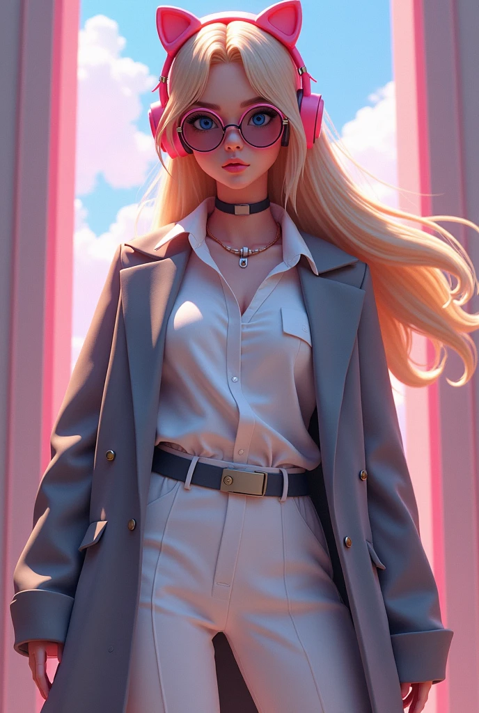Female character with blonde hair white pants a white blouse a grey coat black glasses dark pink kitty headphones Roblox