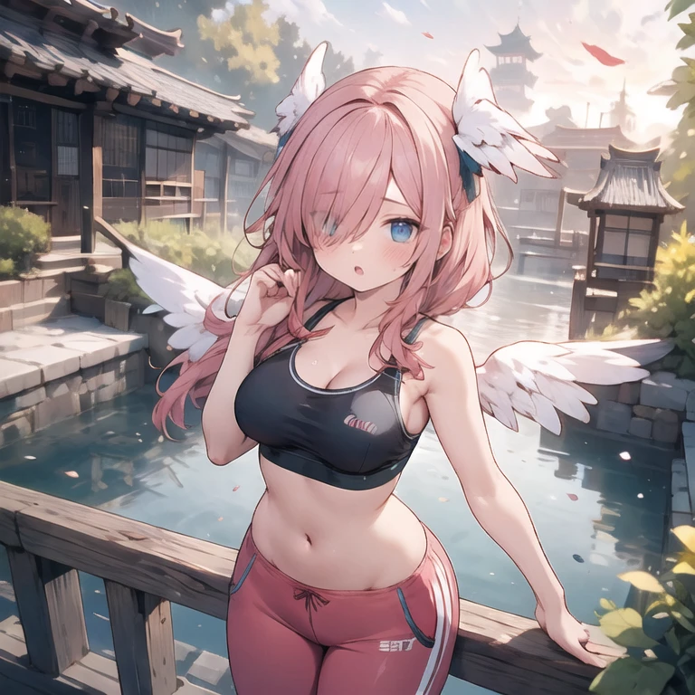 masterpiece, detailed, high quality, absurdres, elira, 1girl, solo, head wings, medium breasts, curvy, wide hips, 
BREAK hair over one eye, one eye covered, 
BREAK from above, pond, arch, japanese architecture, dawn, victory pose, 0.7::sports bra, pom-pom pants0.2::, face mask, :o,
BREAK standing, legs together, Ecchi sexy waifu ero anime 