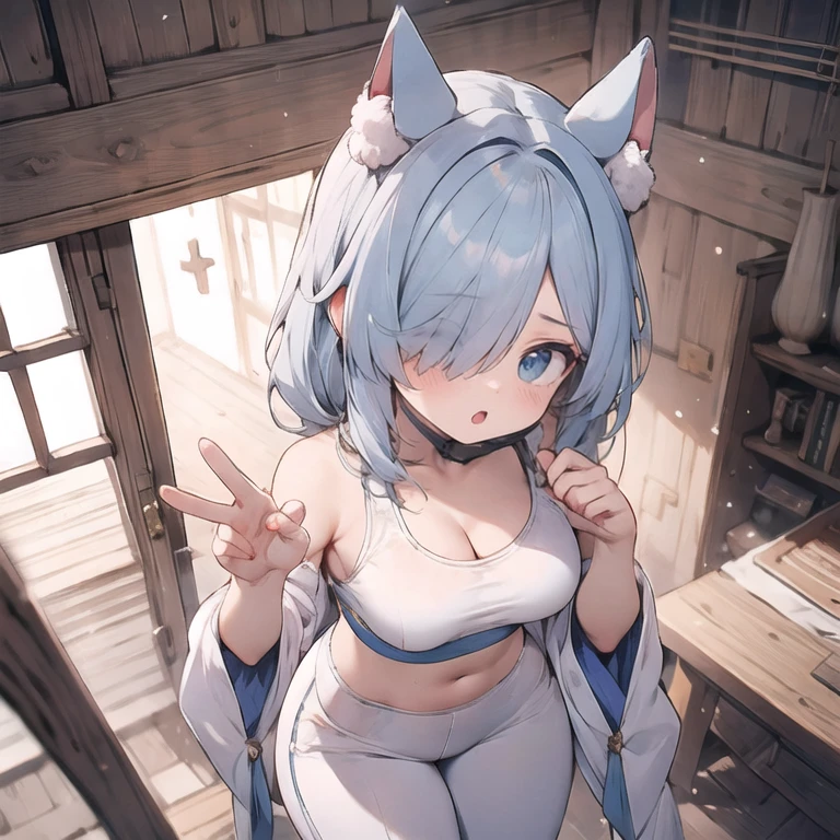 beautiful, masterpiece, Highest quality, anime, One girl, C Cup,Portrait Shot, View your viewers, Intricate details,>,((Covered、Short Hair、nearby、Blue Eyes、art、、White hair,Blue streaked hair、wallpaper、、white_gloves、hairpin、smile、、Angel、Nipples、Thighs、Halo、Wolf Hair、Saliva、On all fours