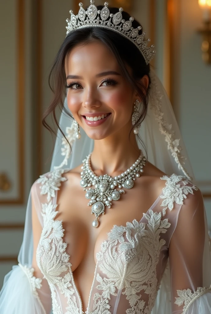 Highest Quality, Desktop Photography, 8k, Best Image Quality, Award Winning Works, One Beautiful Nude Bride, (One: 1.1), (The Most Extravagant and Gorgeous Huge Fully Transparent Nude Wedding Dresses: 1.1), (Perfect Wedding Lace: 1.2), (The Most Extravagant and Luxurious Giant Tiara: 1.1), (The Most Extravagant and Luxurious Giant Necklace: 1.1), The Most Beautiful Smile Looks at Me, A Wide Range of the Best Jewelry, (Full-Length Photo: 1.1), Perfect Makeup, Long Eyelashes, Sparkling Eyes Ultra HD, Ultra HD Hair, Shiny Lips Ultra High Resolution, Perfect Teeth Ultra High Resolution, Beautiful Face in Ultra High Resolution, No Panties, Shaved Pussy (Accurate Anatomy: 1.1)、(Very Bright and Beautiful Skin: 1.2)、(Very  bright and vivid: 1.2)、(Luxury wedding background: 1.1), no panties