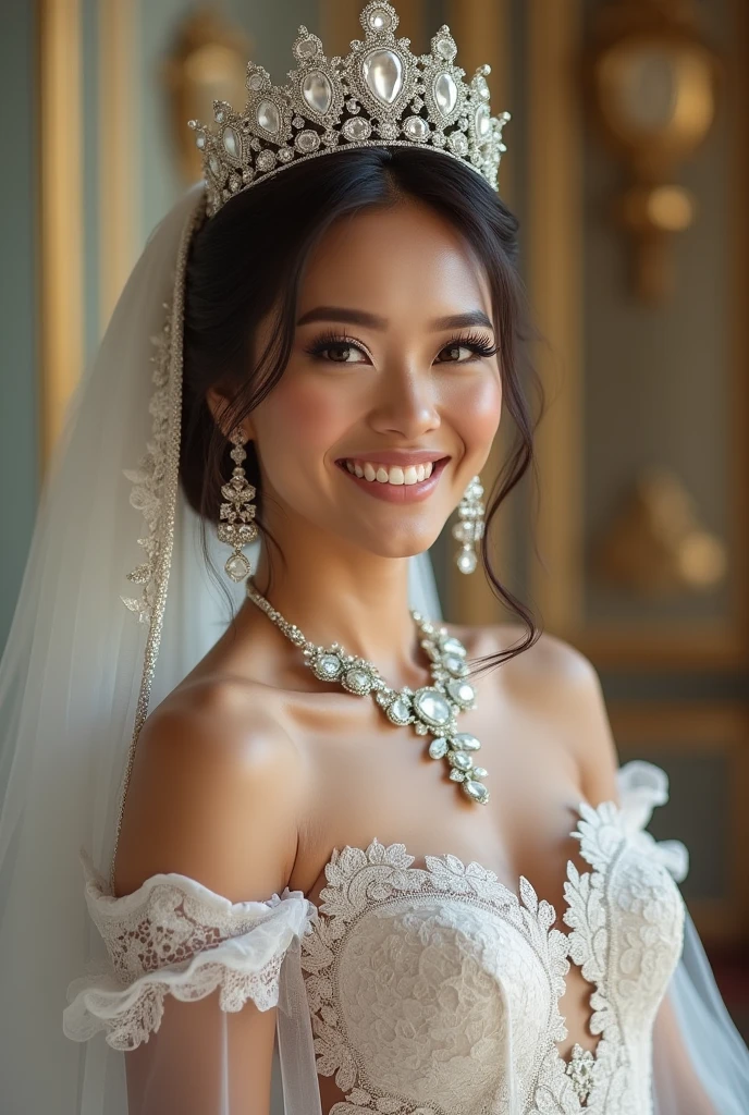 Highest Quality, Desktop Photography, 8k, Best Image Quality, Award Winning Works, One Beautiful Nude Bride, (One: 1.1), (The Most Extravagant and Gorgeous Huge Fully Transparent Nude Wedding Dresses: 1.1), (Perfect Wedding Lace: 1.2), (The Most Extravagant and Luxurious Giant Tiara: 1.1), (The Most Extravagant and Luxurious Giant Necklace: 1.1), The Most Beautiful Smile Looks at Me, A Wide Range of the Best Jewelry, (Full-Length Photo: 1.1), Perfect Makeup, Long Eyelashes, Sparkling Eyes Ultra HD, Ultra HD Hair, Shiny Lips Ultra High Resolution, Perfect Teeth Ultra High Resolution, Beautiful Face in Ultra High Resolution, No Panties, Shaved Pussy (Accurate Anatomy: 1.1)、(Very Bright and Beautiful Skin: 1.2)、(Very  bright and vivid: 1.2)、(Luxury wedding background: 1.1), no panties