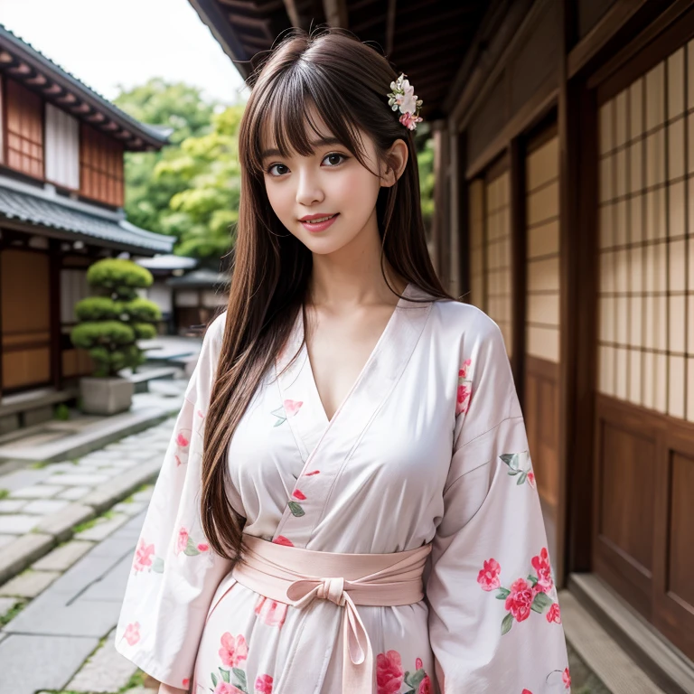 laughing out loud，Wear a white yukata with floral prints, Long yukata, (knee shot), 1 girl, On the face, light brown hair, blunt bangs, hair behind ears, Hair over the shoulders, long hair, Slender body type, Super thin face, face slimming, delicate lips, beautiful eyes, Thin blush, Eyes are light brown,Check it out here, (realistic:1.3), Standing next to a street in Kyoto, Japan, 8k, , Super detailed, high quality, best quality, High resolution, ，Large Breasts，H CUP, 2